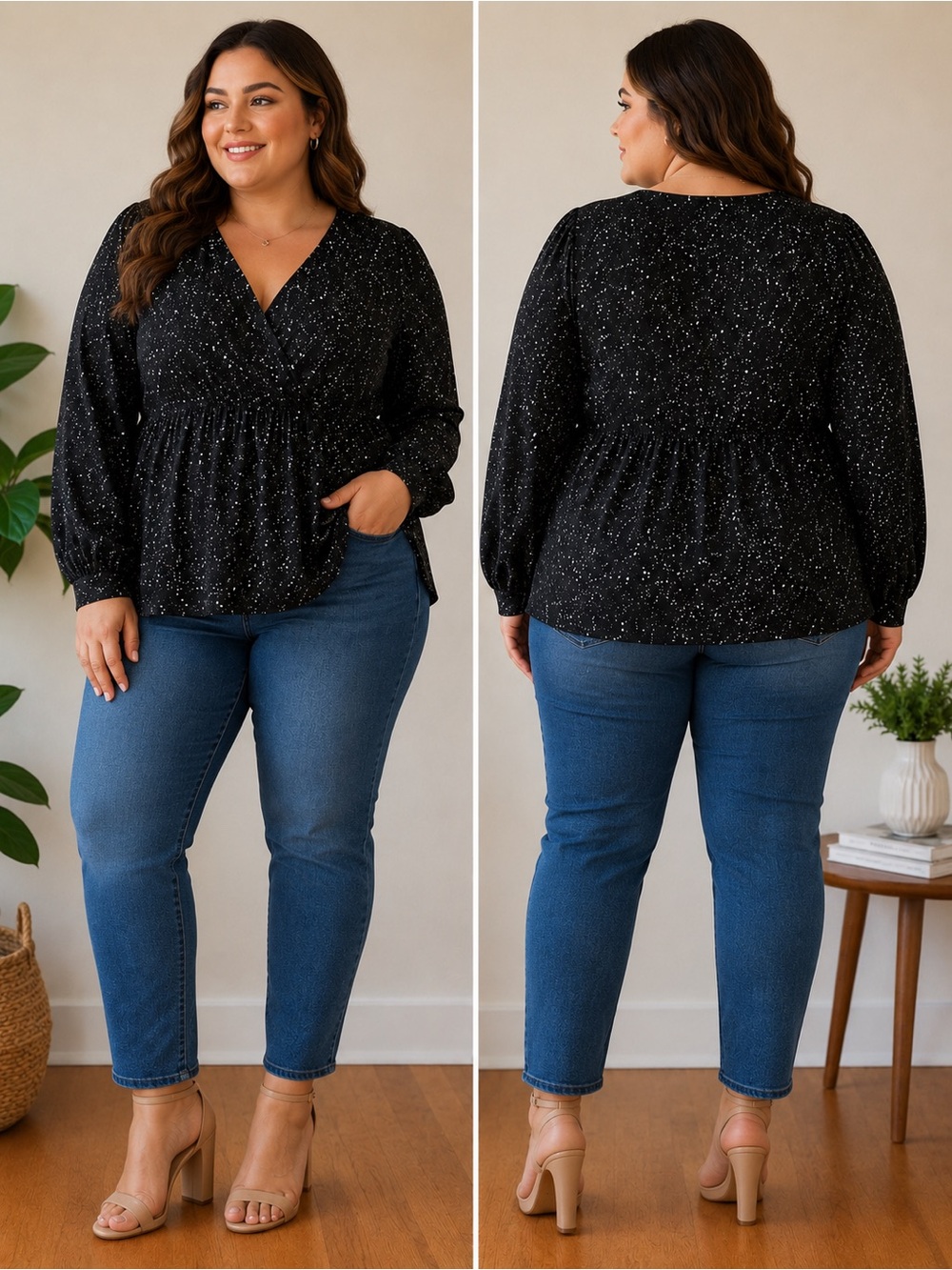 Brown Coco Black Speckled Long Sleeve Blouse – Size 2XL
